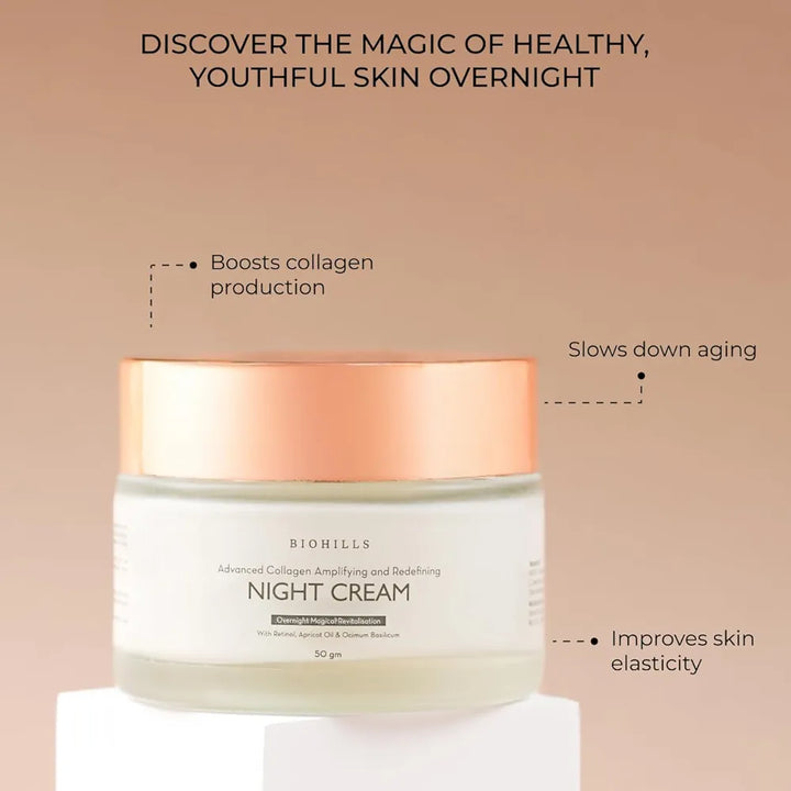 Biohills Advanced Collagen Night Cream | Bakuchiol & Retinol for Anti-Aging & Fine Line Reduction | Hyaluronic Acid & Niacinamide for Hydration & Skin Firmness | Olive Leaf & Gotu Kola 