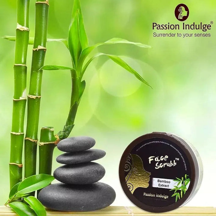 Passion Indulge Bamboo Face Scrub for Dirt, Blackheads and Acne Removal - 200gm | Remove Dead Skin Cells | Tan Removal | Glowing Skin | Deep Pore Cleansing | All Skin Types | Paraben & Sulphate Free | Vegan | Peta Certified