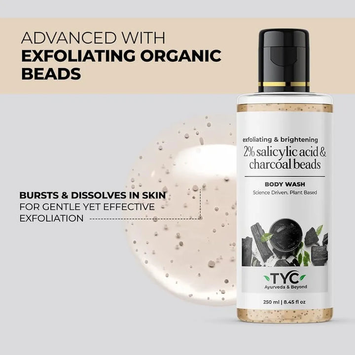 TYC - TRUST YOUR CHOICE Charcoal Body Wash For Exfoliating And Skin Brightening With 2% Salicylic Acid And Charcoal Beads,Vegan - 250 Ml 