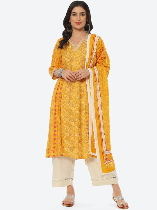 Biba Plus Size Bandhani Printed Kurta With Palazzos & Dupatta