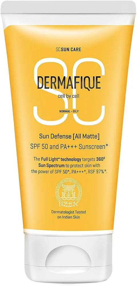 Dermafique Sun Defense All Matte, SPF 50, PA +++ Sunscreen 150g, for Normal - Oily Skin, 360 degree Sun Spectrum Protection, Prevents Tanning & Photaging, Protects from UVA,UVB,IR & Visible Light, Dermatologist Tested on Indian Skin, for Men & Women
