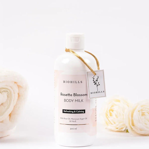 Biohills Rosette Blossom Body Milk | 300ml | Luxurious Fragrance, Non-Greasy, Deeply Moisturizing | Enriched with Wheat Germ Oil, Rose Oil & Moroccan Argan Oil | Infused with Vitamin E & Kokum Butter