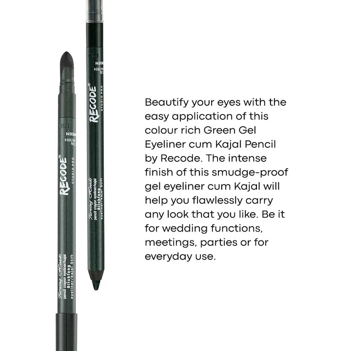 Recode Turning Heads Crayon Gel Eyeliner Pencil cum Kajal Pencil comes with Smudger on other side, longlasting, Water-proof & smudge-proof Formula, Green, 1.2gm
