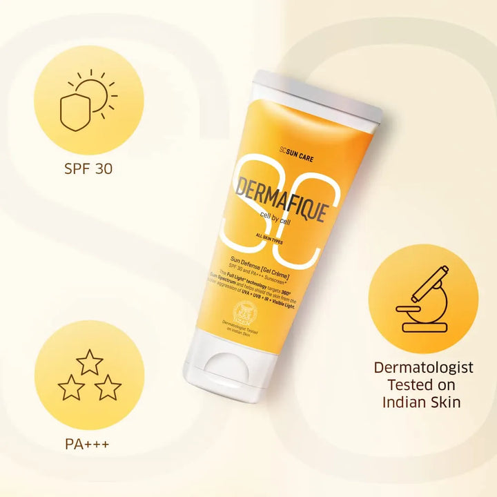 Dermafique Sun Defense Gel Crème, SPF 30, PA +++ Sunscreen 50g, for All Skin Types, 360 degree Sun Spectrum Protection, Prevents Tanning & Photoaging, Protects from UVA,UVB, IR & Visible Light, Dermatologist Tested on Indian Skin, for Men & Women