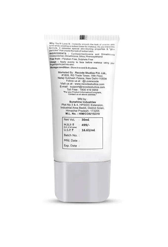 Recode Ace of Base Radiant Primer for Face Makeup 30ml | Shimmery Finish |Applicable on all skin types | Blurs Fine Lines, Wrinkles & Pores