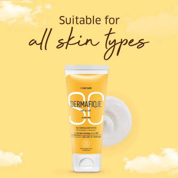 Dermafique Sun Defense Gel Crème, SPF 30, PA +++ Sunscreen 50g, for All Skin Types, 360 degree Sun Spectrum Protection, Prevents Tanning & Photoaging, Protects from UVA,UVB, IR & Visible Light, Dermatologist Tested on Indian Skin, for Men & Women