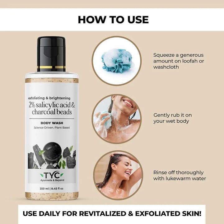 TYC - TRUST YOUR CHOICE Charcoal Body Wash For Exfoliating And Skin Brightening With 2% Salicylic Acid And Charcoal Beads,Vegan - 250 Ml 