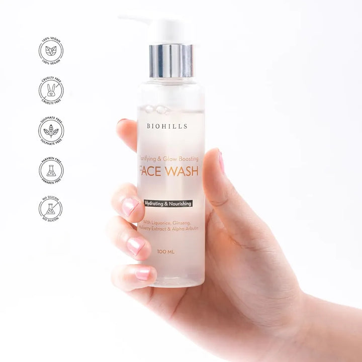 Biohills Glow & Glassy Face Wash Cleanser 100ml | Hyaluronic Acid, Niacinamide & Alpha Arbutin for Hydration & Skin Clarity | Ginseng, Orange Peel & Liquorice for Brightening & Even Tone