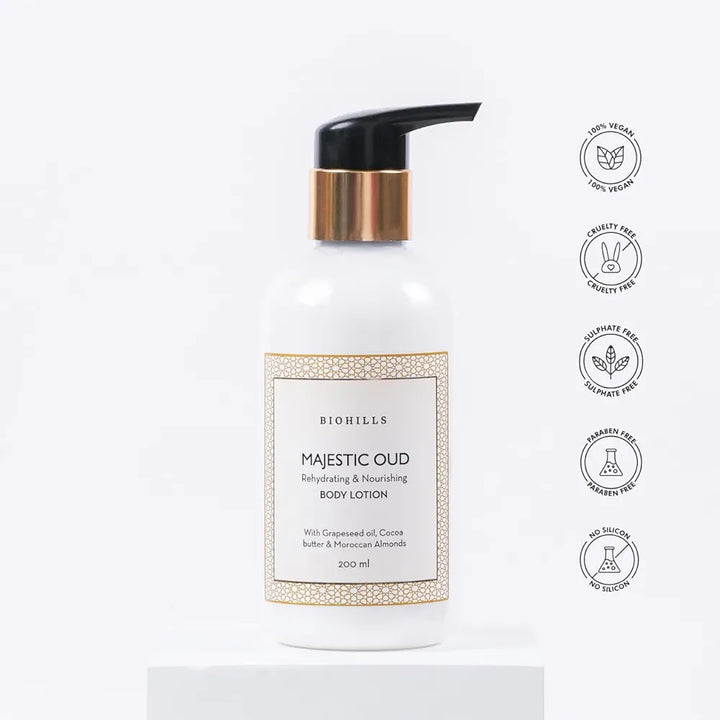 Biohills Majestic Oudh Body Milk - 200ml | Luxurious Fragrance, Non-Greasy Formula, Deeply Moisturizing | Enriched with Cocoa Butter, Grapeseed Oil & Moroccan Almond Oil For Long Lasting Hydration