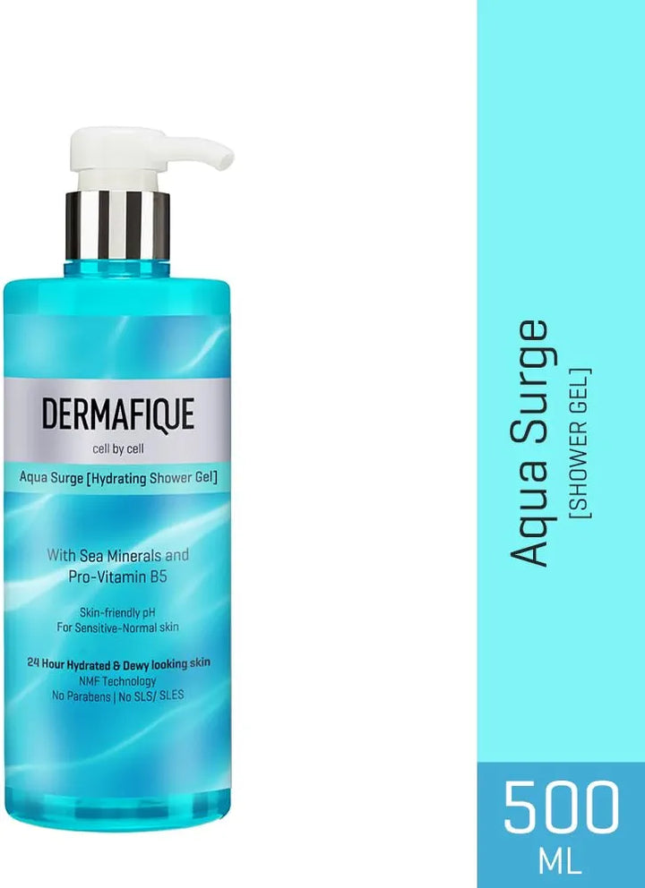 Dermafique Aqua Surge Shower Gel 500ml, Body Wash for Women & Men, No Parabens/SLS/SLES, with Sea Mineral & Pro Vitamin B5, For Hydrated Skin, Suitable for Sensitive-Normal Skin | Dermatologist Tested