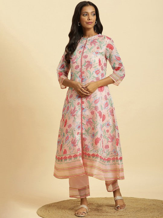 W Floral Printed A-Line Kurta With Trousers