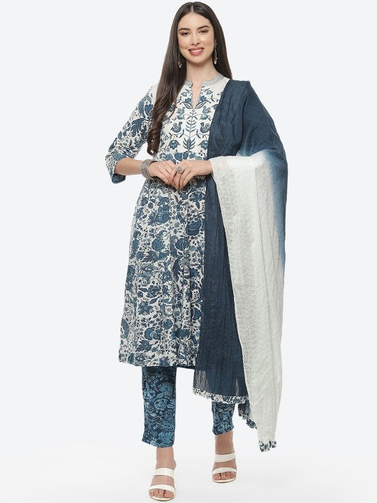 Biba Women White & Blue Floral Printed Pure Cotton Kurta With Trousers & Dupatta