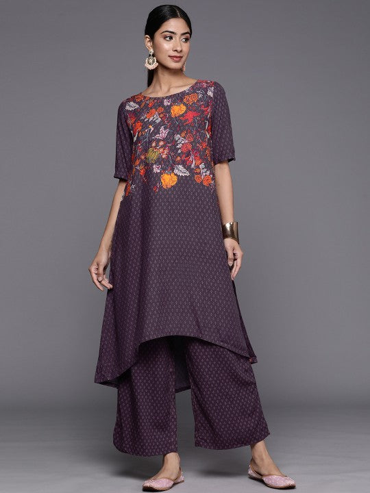 Biba Ethnic Motifs Printed High-Low Hem Kurta with Palazzos