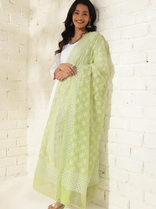 Fabindia Floral Embroidered Cotton Silk Dupatta - Green & White