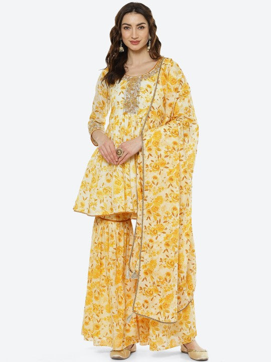 Biba Women Yellow Floral Printed Pleated Thread Work Kurti with Sharara & With Dupatta