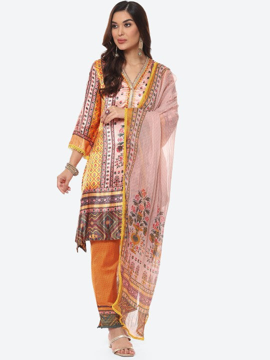 Biba Women Yellow Floral Printed Gotta Patti Kurta with Trousers & With Dupatta