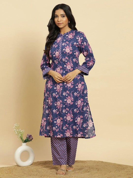 W Floral Printed Straight Pure Cotton Kurta with Trouser