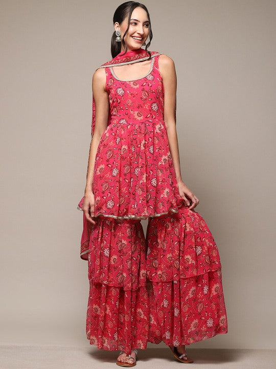 Biba Floral Printed Kurta & Sharara With Dupatta