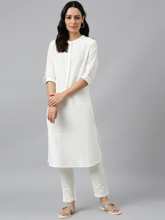 W White Mandarin Collar Roll-Up Sleeves Pathani Kurta