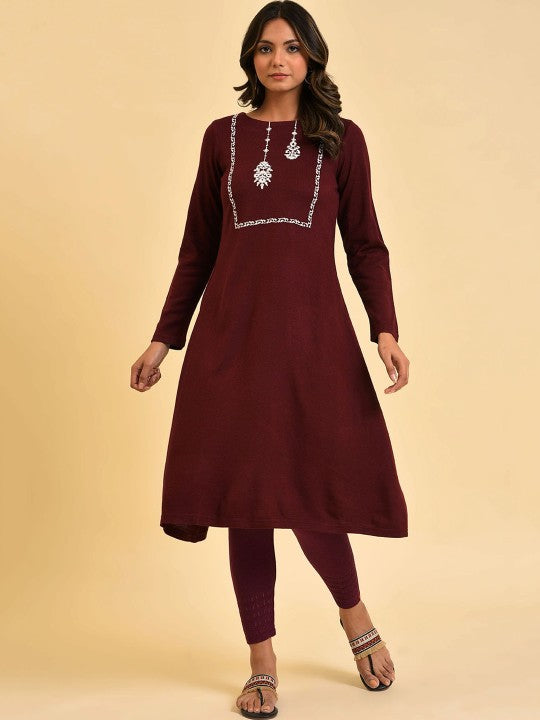 W Red Ethnic Motifs Yoke Design Thread Work A-Line Kurta