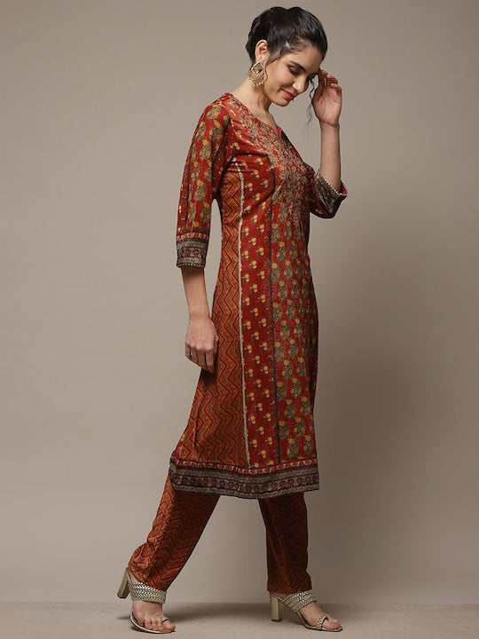 Biba Ethnic Motifs Embroidered Sequinned Kurta With Trousers