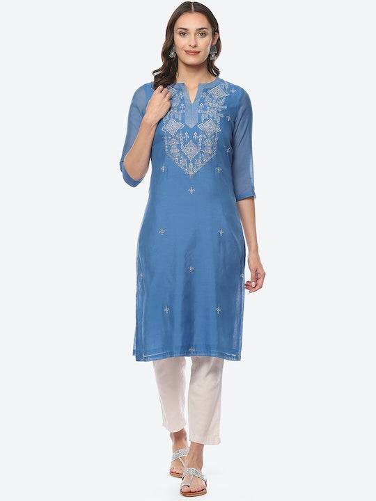 Biba Women Ethnic Motifs Embroidered Thread Work Kurta - Blue