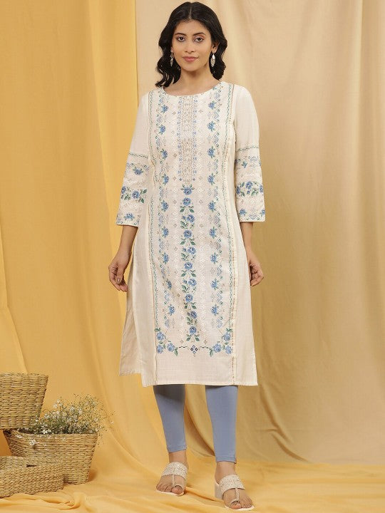 W Floral Printed Regular Pure Cotton Straight Kurta With Legging