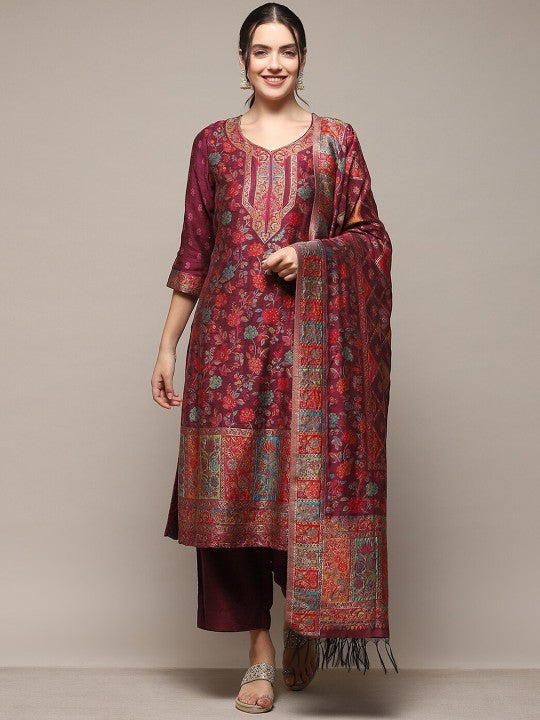 Biba Floral Woven Design V-Neck Straight Kurta with Palazzo & Dupatta