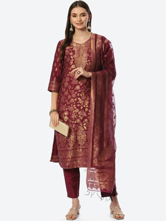 Biba Women Maroon Ethnic Motifs Kurta with Trousers & Dupatta