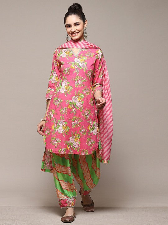 Biba Floral Printed Kurta with Salwar & Dupatta Plus Size