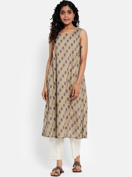 Fabindia Women Brown Ethnic Motifs Printed Cotton Kurta