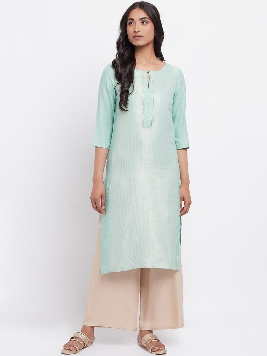 W Women Blue Keyhole Neck Kurta