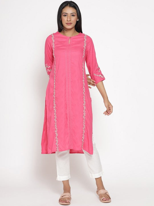 W Floral Embroidered Keyhole Neck Thread Work Kurta