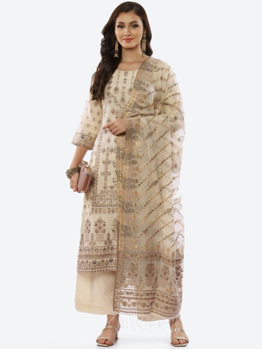 Biba Women Beige Floral Printed Kurta with Palazzos & With Dupatta