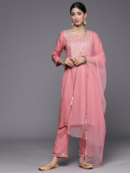 Biba Embroidered Yoke design Straight Kurta with Trousers & Net Dupatta Plus Size