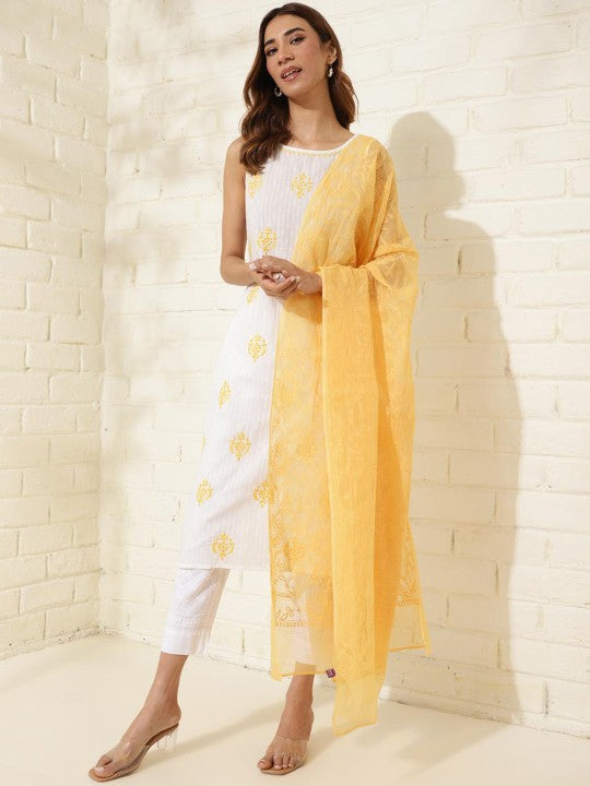 Fabindia Ethnic Motifs Embroidered Cotton Silk Dupatta With Chikankari - Yellow