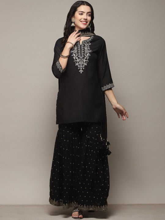 Biba Ethnic Motifs Yoke Design Notched Neck Zari Kurti With Sharara & Dupatta