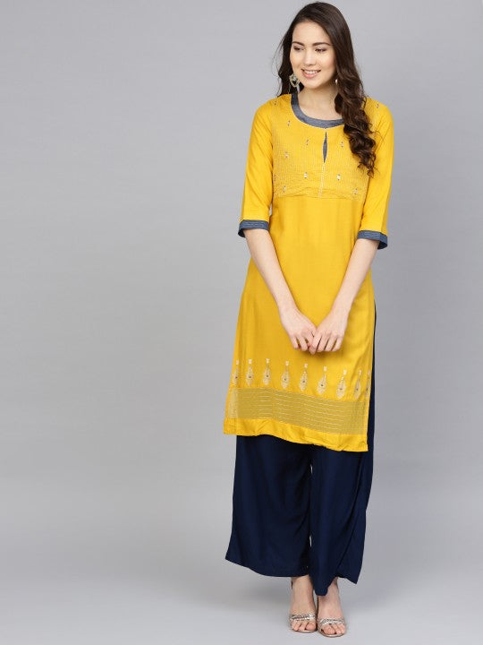 W Women Mustard Yellow Yoke Design Straight Kurta