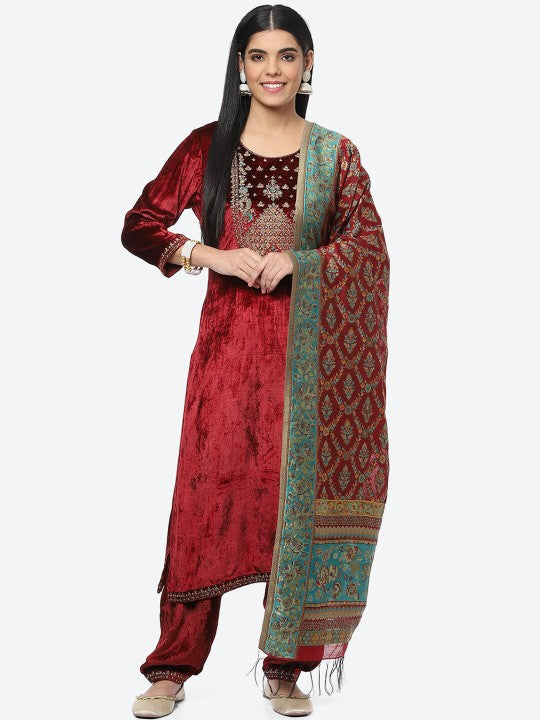 Biba Women Ethnic Motifs Yoke Design Velvet Kurta with Salwar & Dupatta