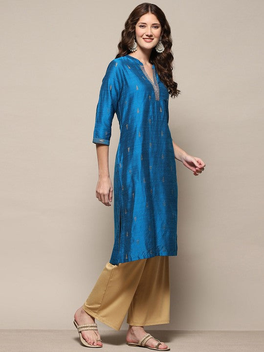 Biba Ethnic Motifs Self Design Mandarin Collar Three-Quarter Sleeves Straight Kurta