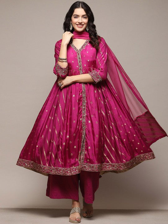 Biba Ethnic Motifs Printed Empire Kurta with Palazzos & With Dupatta - Magenta