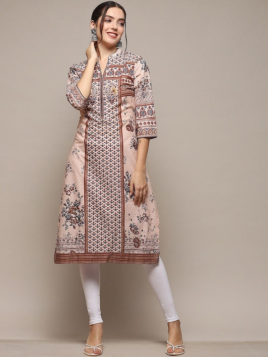 Biba Ethnic Motifs Printed Round Neck A-Line Kurta - Beige & Brown