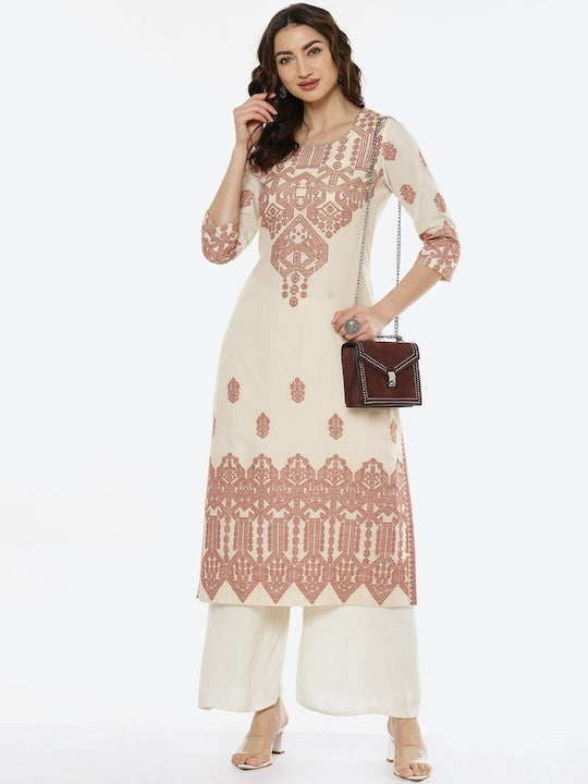 Biba Women Off White Ethnic Motifs Printed Mirror Work Jacquard Anarkali Kurta