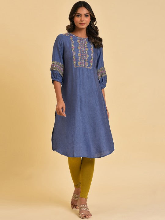 W Blue & Mustard Yellow Geometric Embroidered Kurta