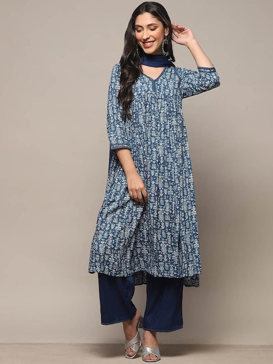 Biba Floral Printed Empire Anarkali Kurta With Palazzo & Dupatta