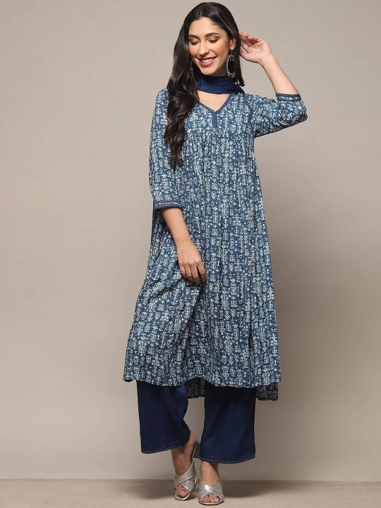 Biba Floral Printed Empire Anarkali Kurta With Palazzo & Dupatta - Blue