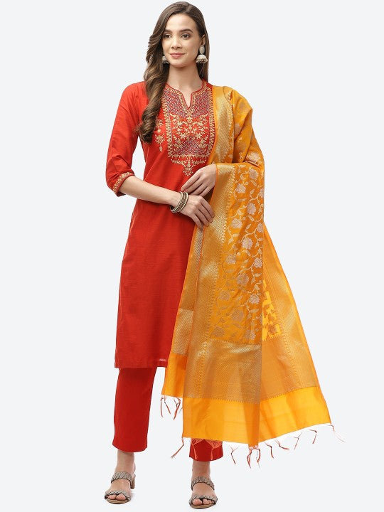 Biba Women Red Kurta with Trousers & With Dupatta