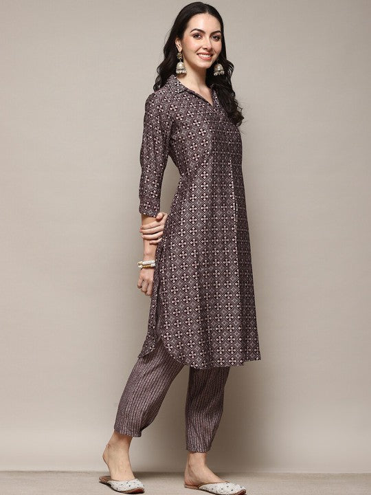 Biba Ethnic Motifs Printed Shirt Collar Pathani Kurta with Trousers