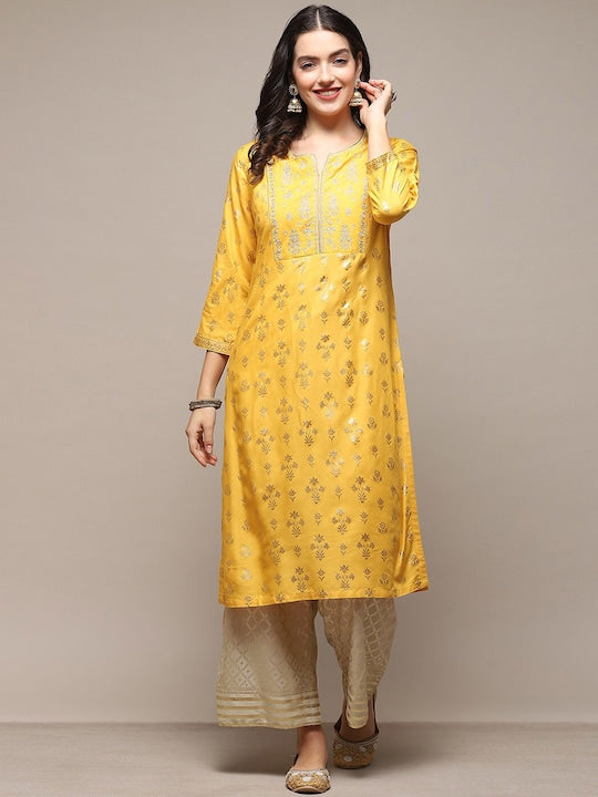 Biba Ethnic Motifs Printed Thread Work Straight Kurta with Palazzo