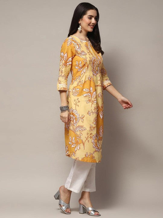 Biba Floral Printed Pure Cotton Lace Pleated A-Line Kurta - Yellow & White